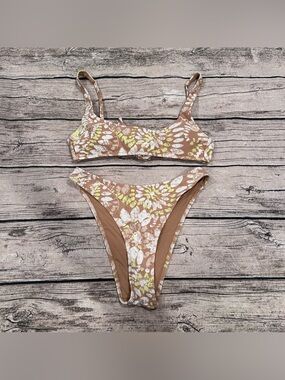 aerie Cheekiest Bikini in Tan w/ White Floral Pattern Tie Back Scoop Top Size S
